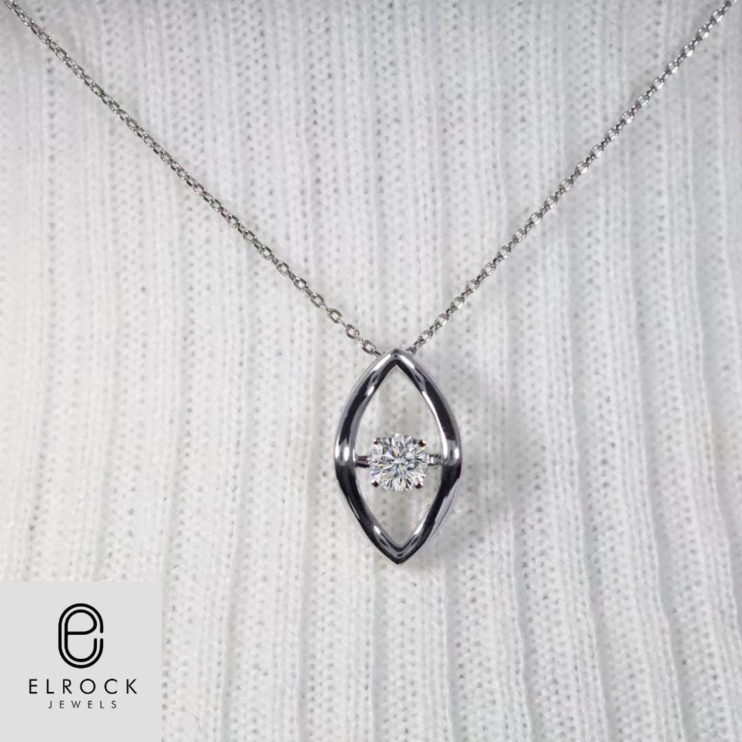 14k Solid Gold Dancing Diamond Necklace, Lab Grown Moving Diamond Pendant, Floating Diamond Charm, Real White Gold Fine Jewelry For Mom