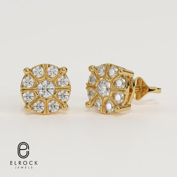 Round Diamond Cluster Stud Earring, Cluster Stud Lab Grown Diamond Earrings, 14K Gold Earring