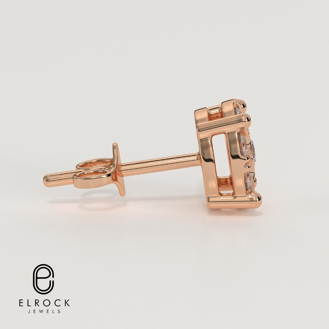 14K Solid Gold Round Cluster Diamond Stud Earrings
