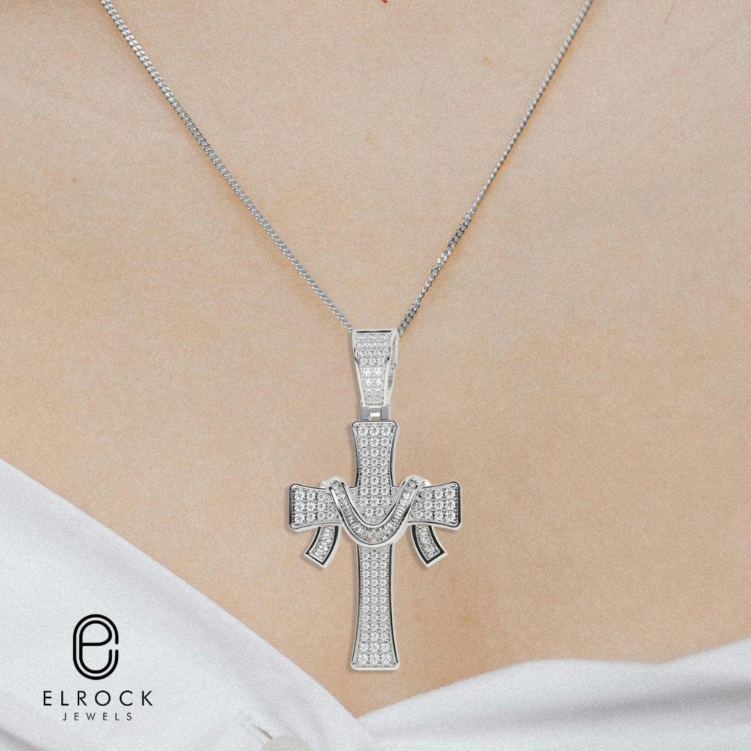 14K Round Cut Lab Grown Diamond Cross Look Stone Pendant, 14K Solid White Gold Pendant, CVD Diamond With Pendant, Anniversary Women Gift