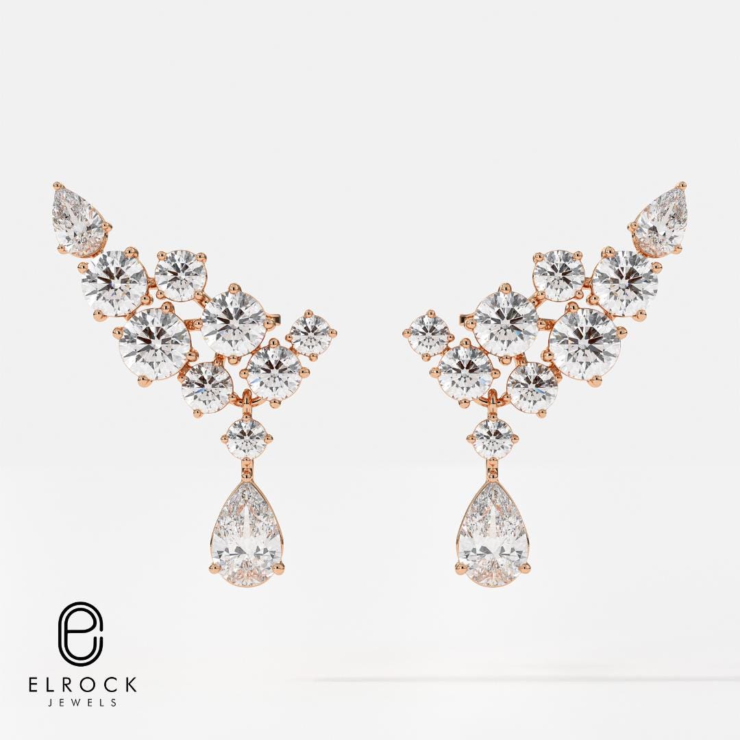 Pear & Round Cut Diamond Climber 14K Gold Stacking Earrings