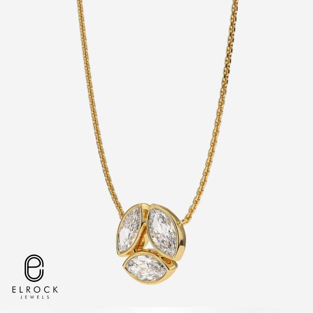 14K Solid Gold Three Marquise Cut Lab-Grown Diamond Necklace
