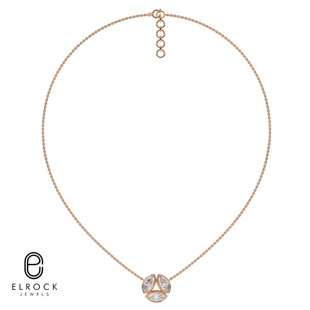 14K Solid Gold Three Marquise Cut Lab-Grown Diamond Necklace