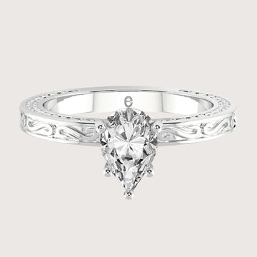 Pear Cut Lab Diamond Ring Vintage Diamond Engagement Ring Solid Gold Unique Classic Solitaire Engagement Ring Filigree Hand Carved Ring