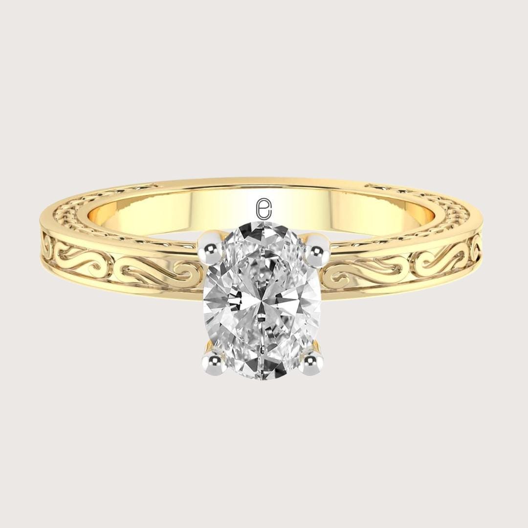 14K Art Deco Filigree Oval Lab Grown Solitaire Ring