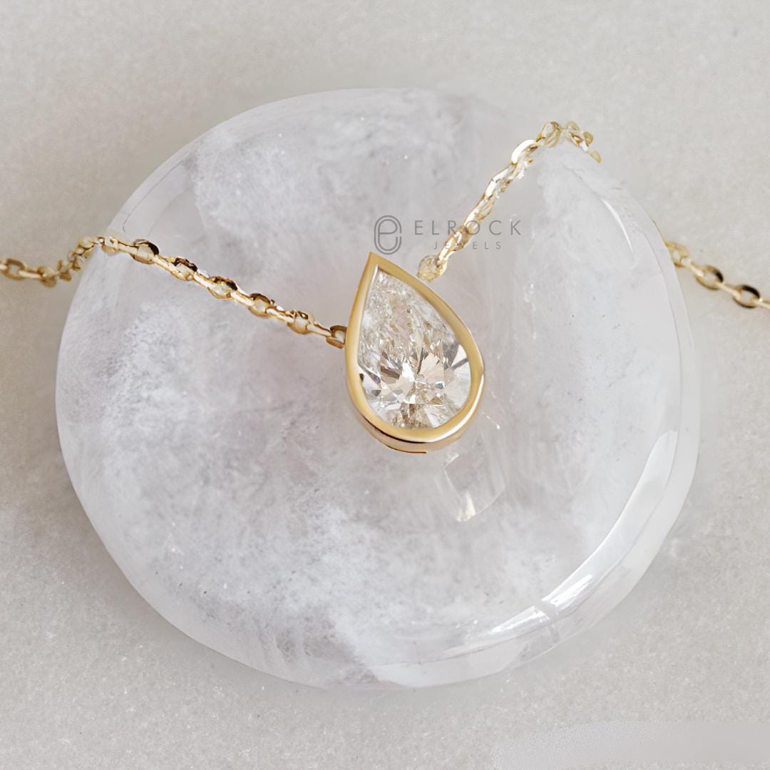 14K Pear Cut Lab Diamond Solitaire Pendant / 14K Yellow Gold Bezel Set Diamond Pendant