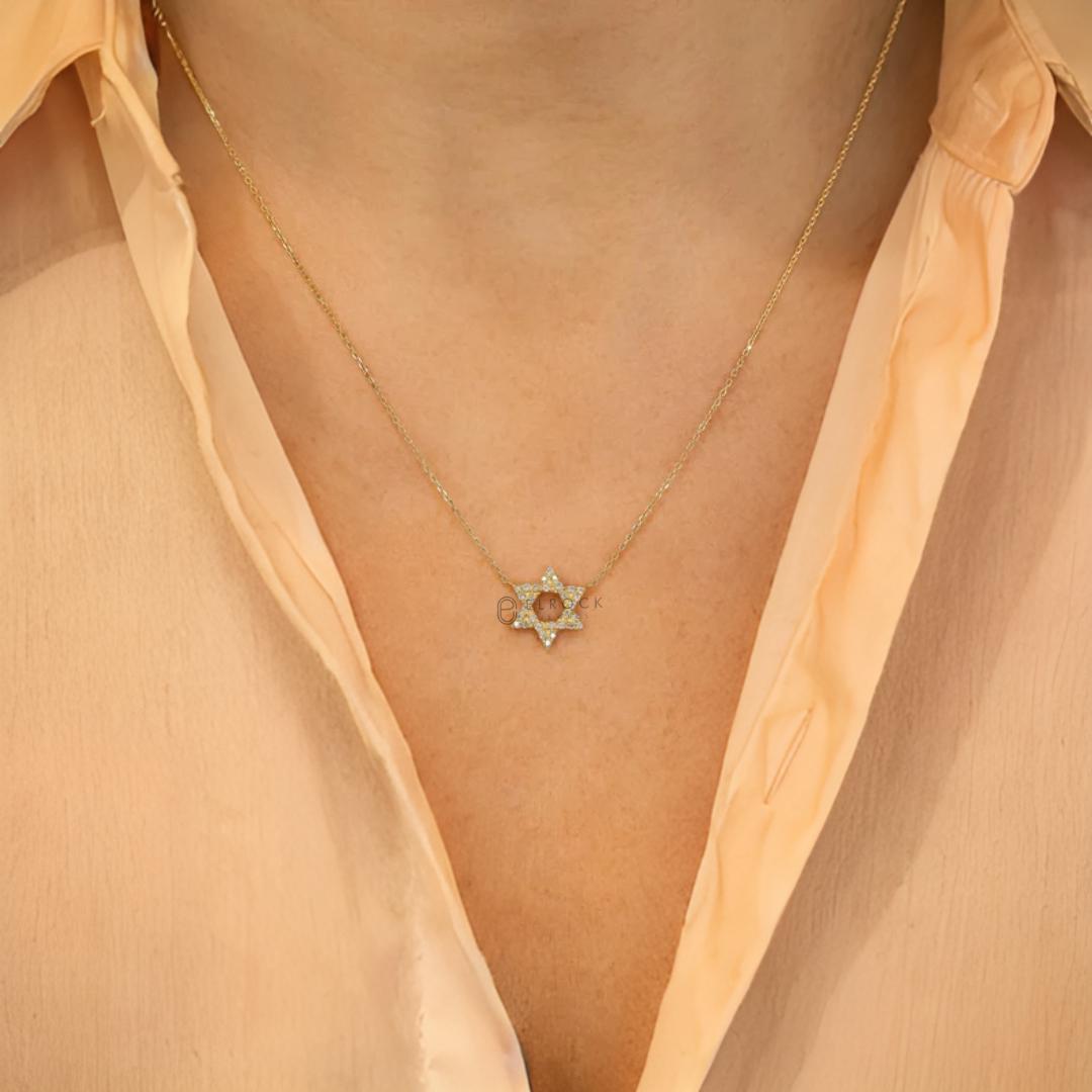 14K Open Star of David Diamond Necklace Adjustable Drawstring Chain Gift For Her