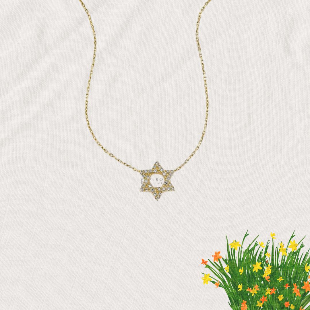 14K Open Star of David Diamond Necklace Adjustable Drawstring Chain Gift For Her