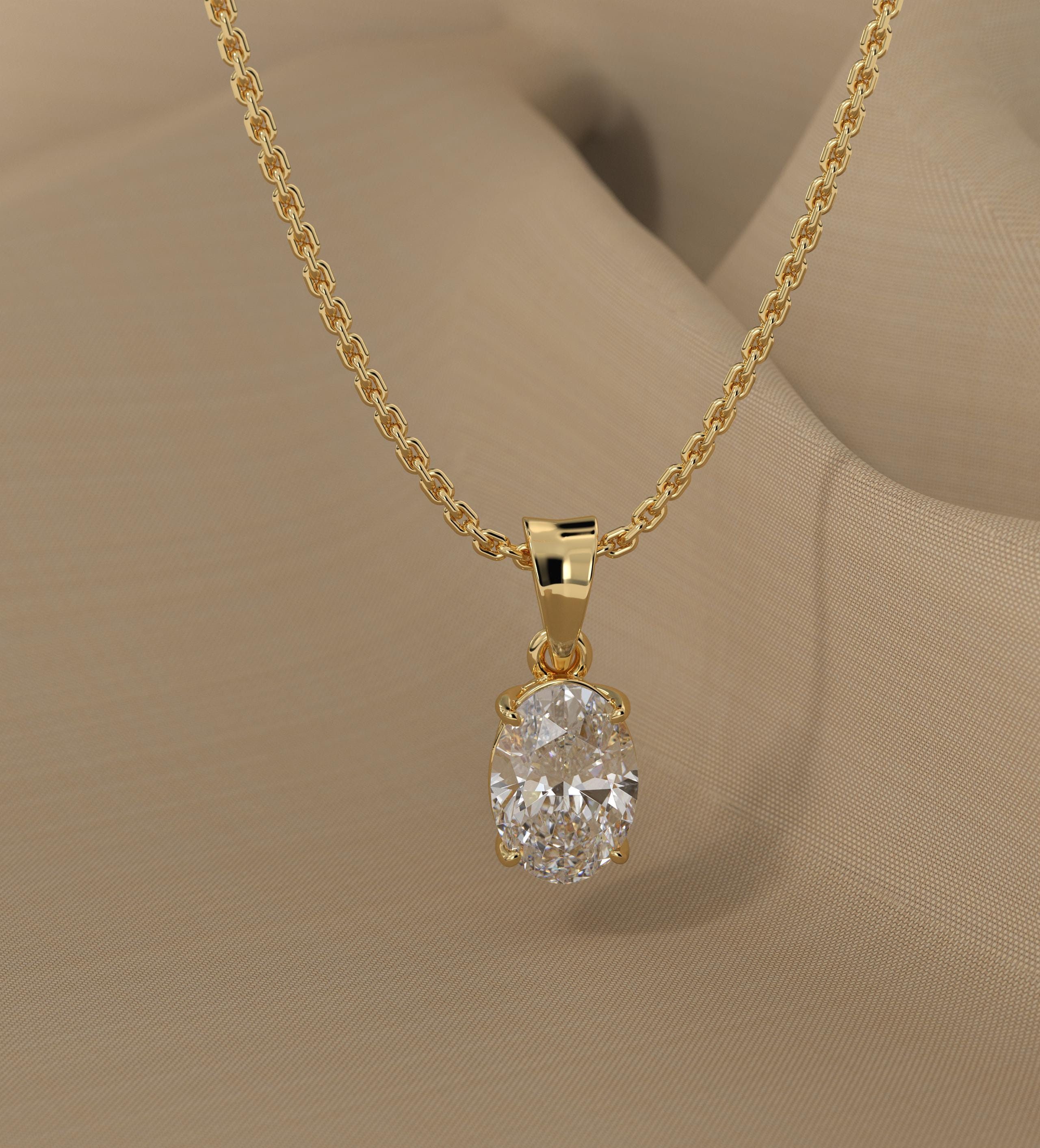 14K Yellow Gold Oval Cut Diamond Solitaire Pendant