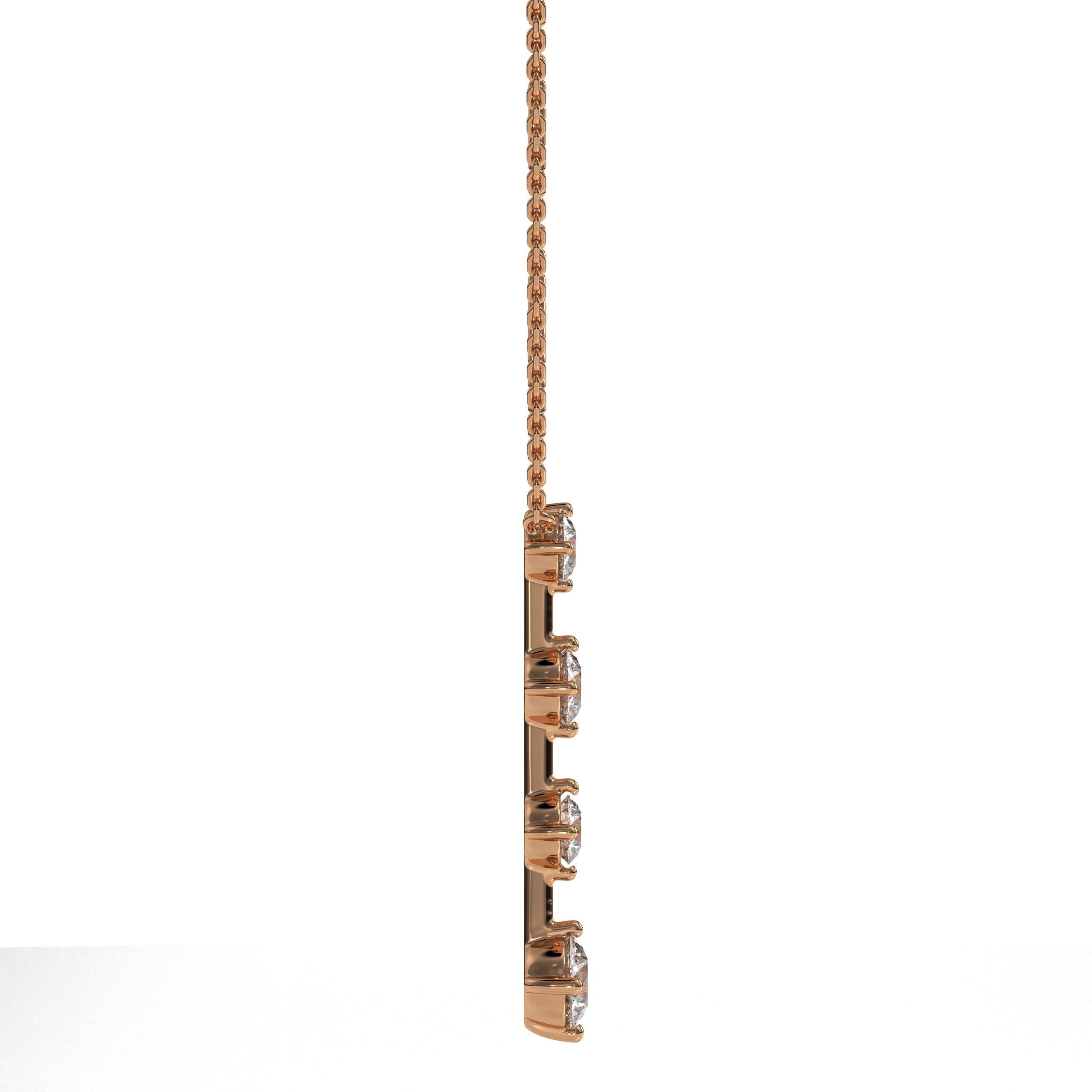 14k Solid Gold Diamond Vertical Bar Necklace - 4 Stone Vertical Line Pendant- Diamond Gold Bar Necklace- Four Round Diamond Linear Necklace