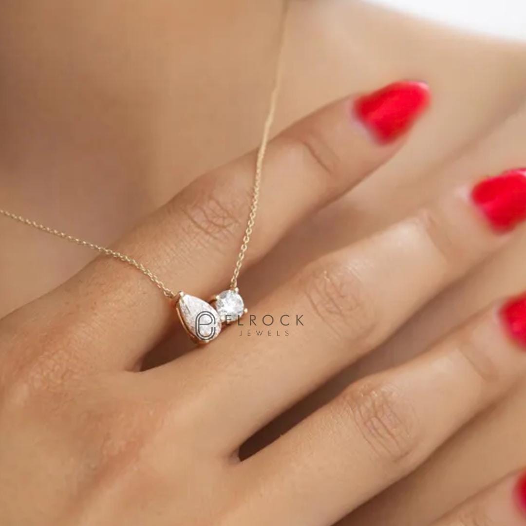 14K Toi et Moi Lab Grown Diamond Necklace, 14K Gold 1.55 ctw Round & Pear Cut Diamond Necklace, Unique Lab Grown Diamond Pendant, Birthday Gift