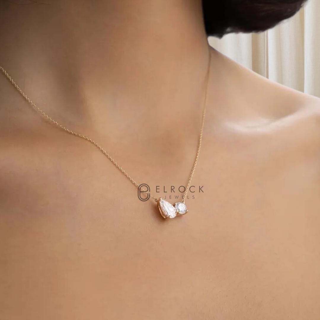 14K Toi et Moi Lab Grown Diamond Necklace, 14K Gold 1.55 ctw Round & Pear Cut Diamond Necklace, Unique Lab Grown Diamond Pendant, Birthday Gift