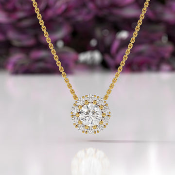 14K Diamond Halo Pendant Necklace, 14k Solid Gold Lab Grown Diamond Necklace, Petite Round Diamond, Fine Jewelry, White, Rose, Yellow Gold