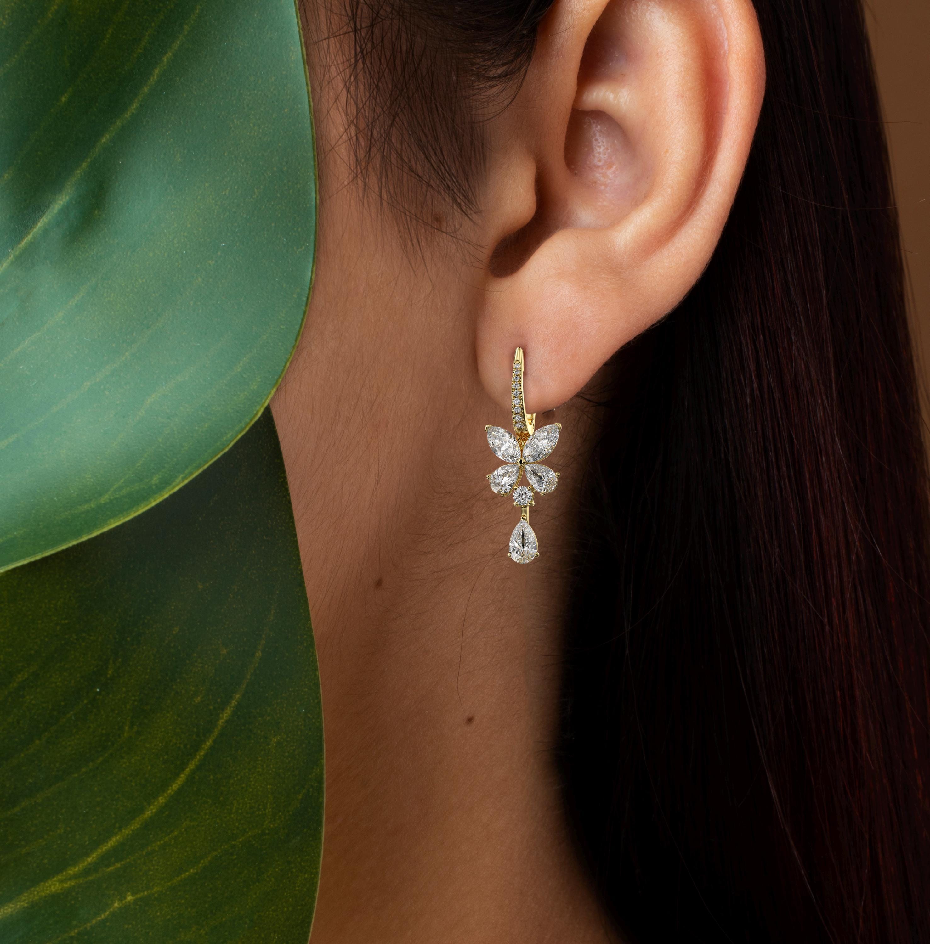 Marquise Pear and Round Diamond 14K Gold Butterfly Earrings
