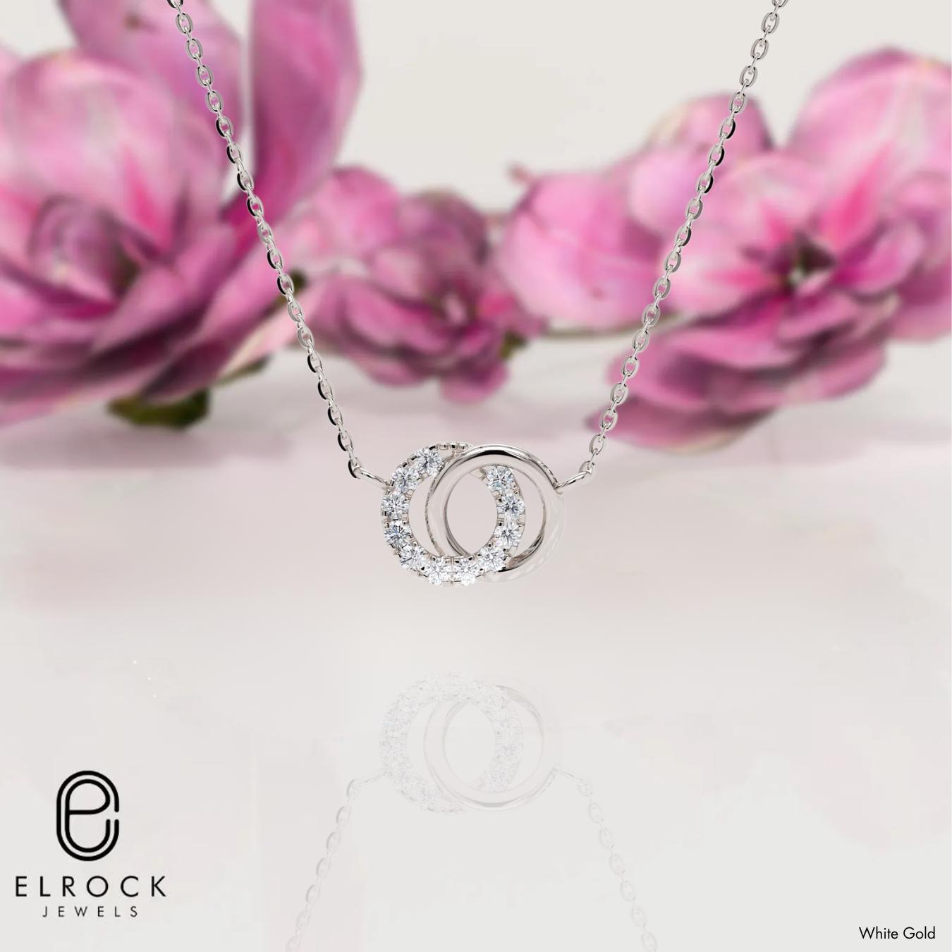 14K Gold Two Ring Diamond Pendant Necklace