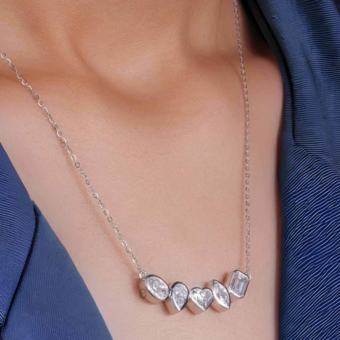 14K Solid White Gold Multi Shape Diamond Necklace