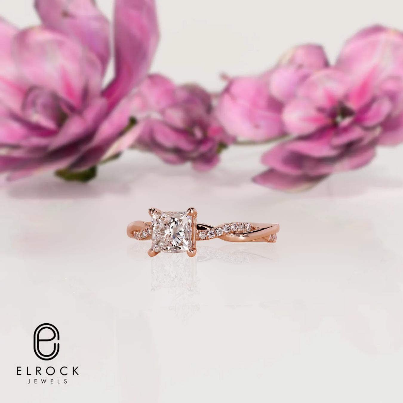 14K Gold 1 Carat Princess Cut Pave Setting Twisted Band Ring