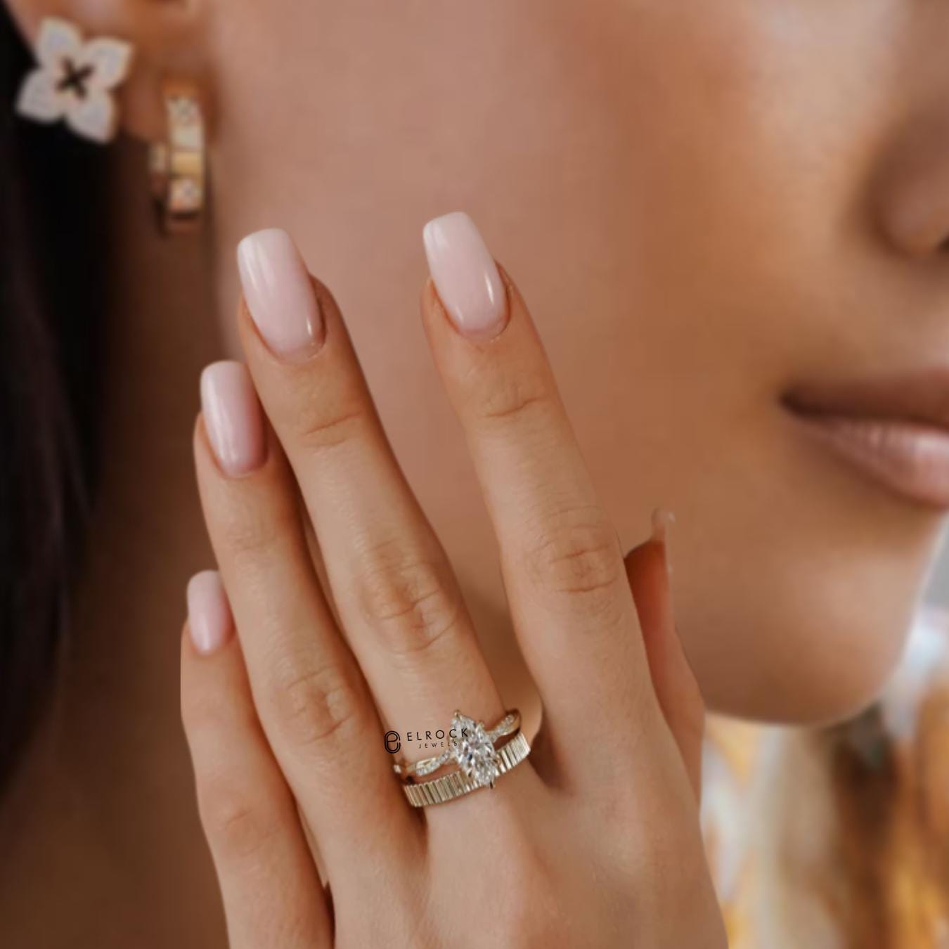 14K Gold Marquise Cut Halo Engagement Ring