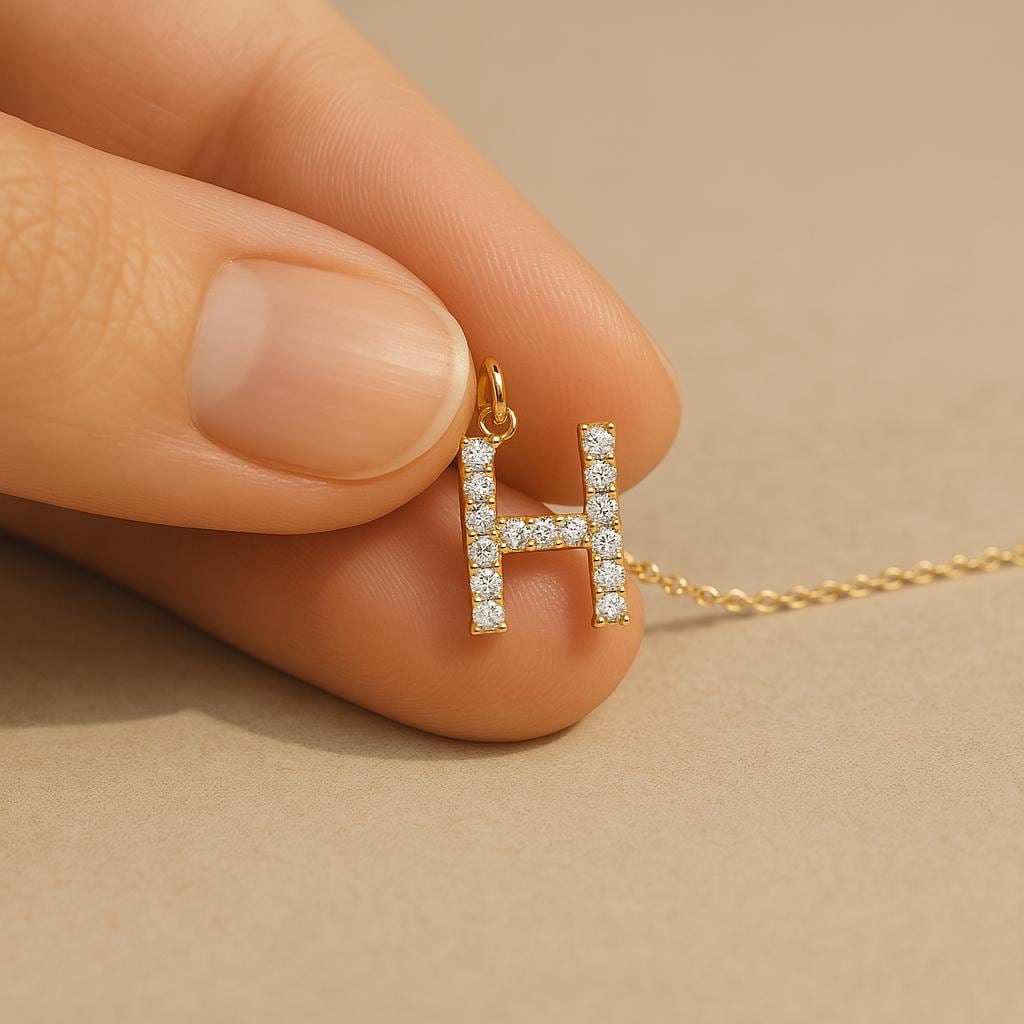 Lab Diamond Initial Pendant, 14K Solid Gold Diamond Letter Charm