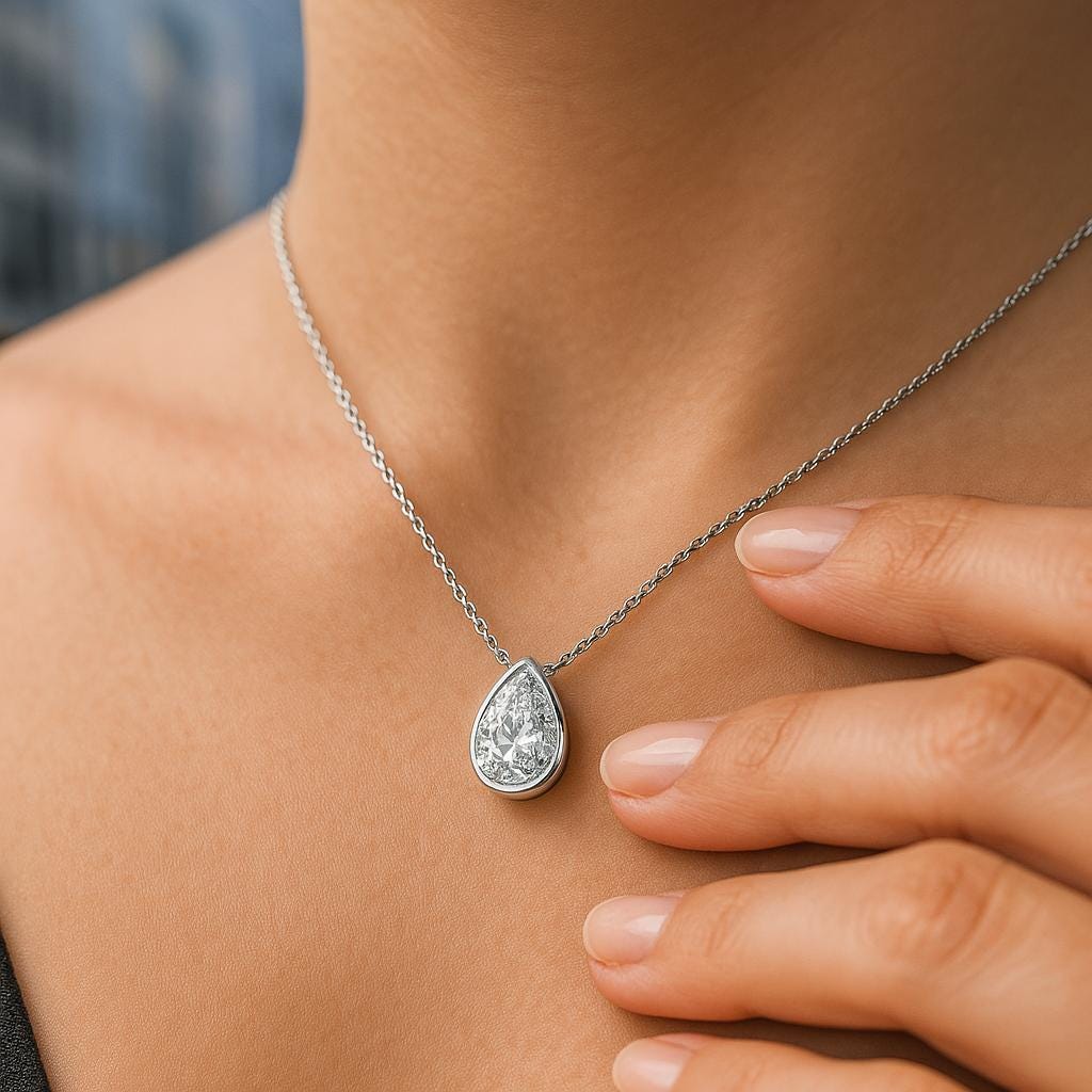 14K Pear Cut Lab Diamond Solitaire Pendant / 14K Yellow Gold Bezel Set Diamond Pendant