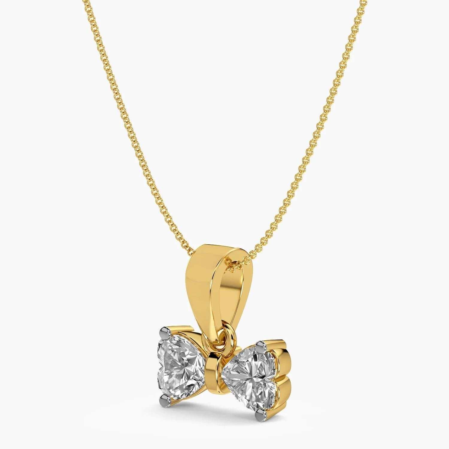 14K Gold Heart Bow Pendant with Lab Grown Heart Shape Diamonds