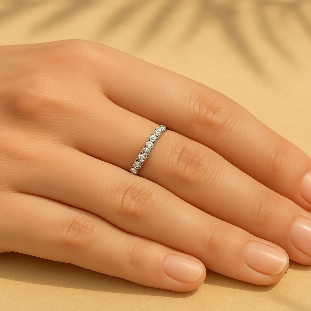 14K Gold Lab Created Pave Half Eternity Wedding Ring 2mm Diamond Band For Her