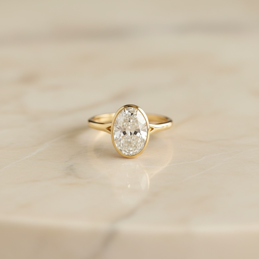 2 carat oval cut lab grown diamond bezel set engagement ring in 14K gold on cream marble, editorial macro photo