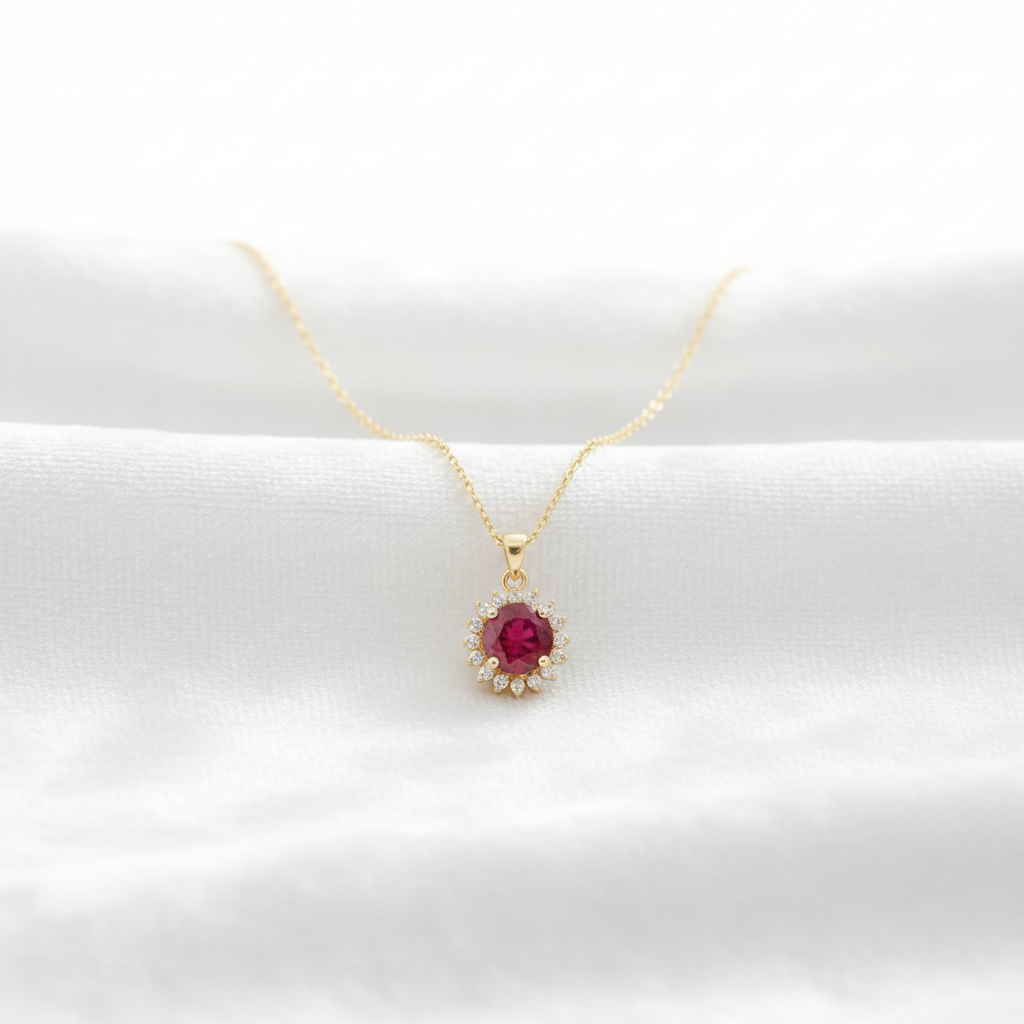 14K gold red ruby diamond halo pendant necklace on wavy white velvet, studio lighting