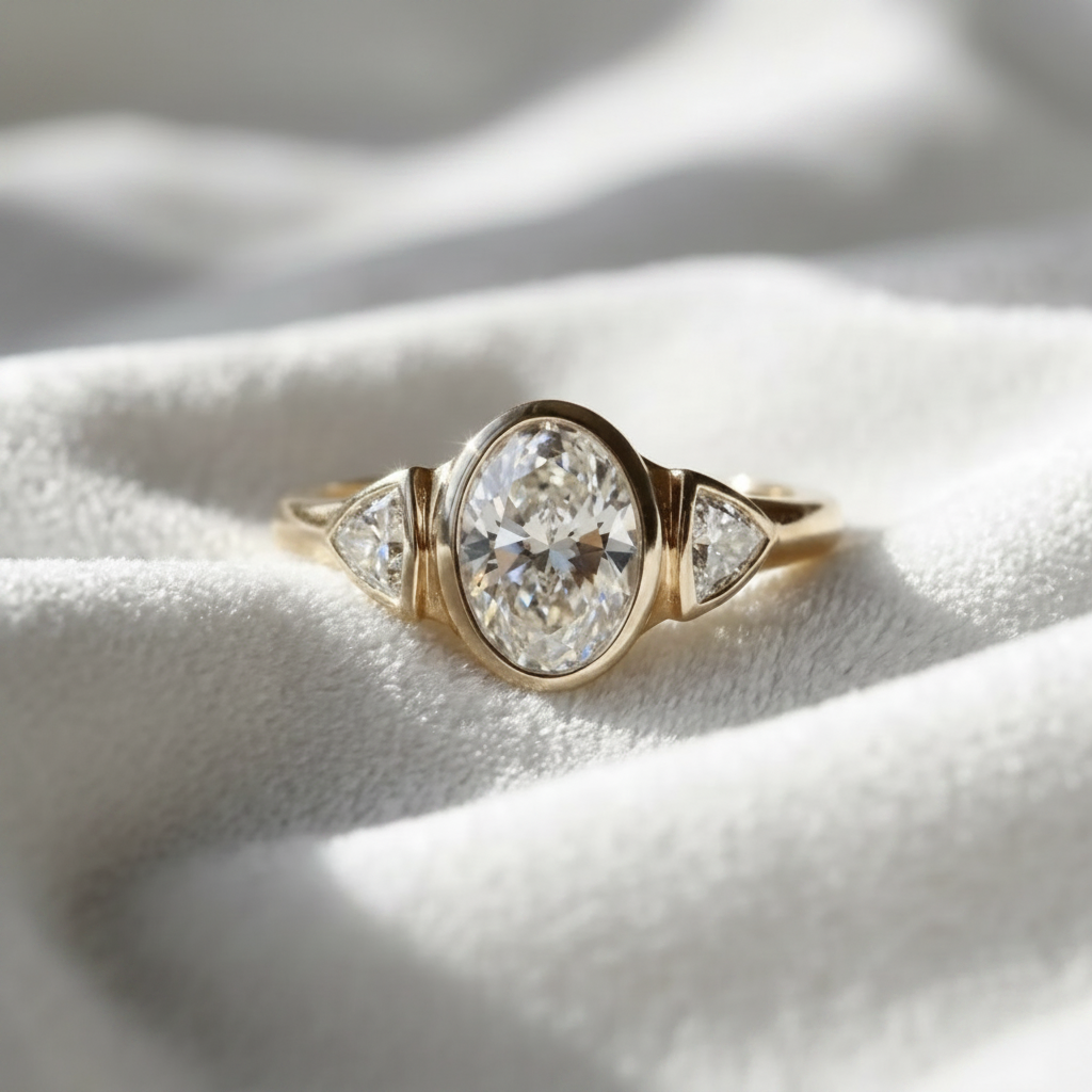 14K gold oval three stone diamond engagement ring on ivory silk, editorial lifestyle photo