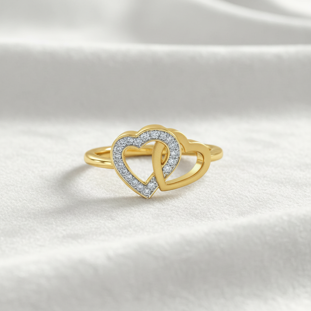 14K gold promise to heart diamond ring on wavy white velvet, studio lighting