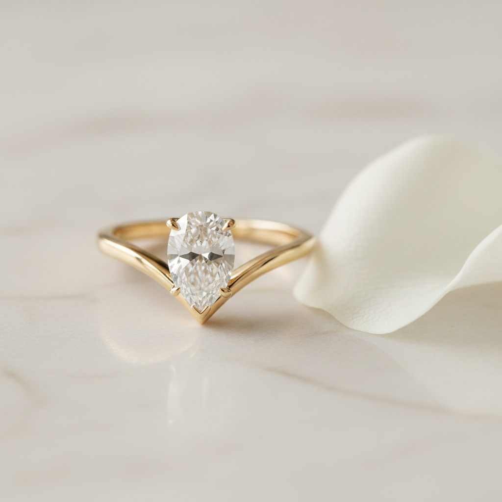 14K gold pear cut diamond curved solitaire ring on marble with rose petal, bridal editorial photo