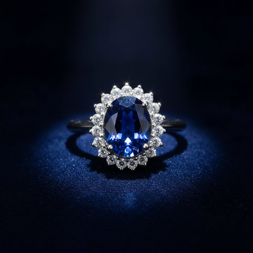 14K gold royal blue sapphire halo cocktail ring on navy velvet, dramatic editorial photo