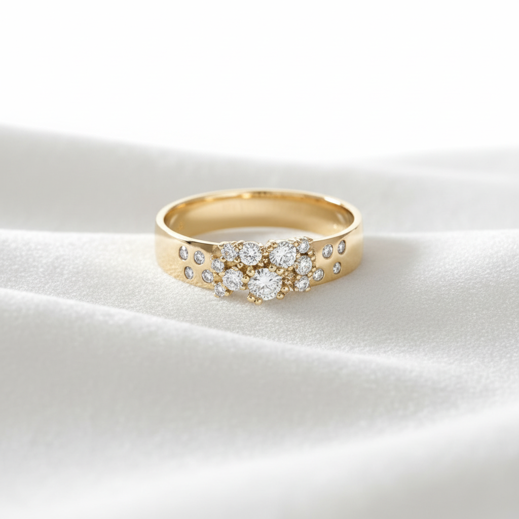 14K gold thick cluster wedding anniversary band on wavy white velvet, studio lighting