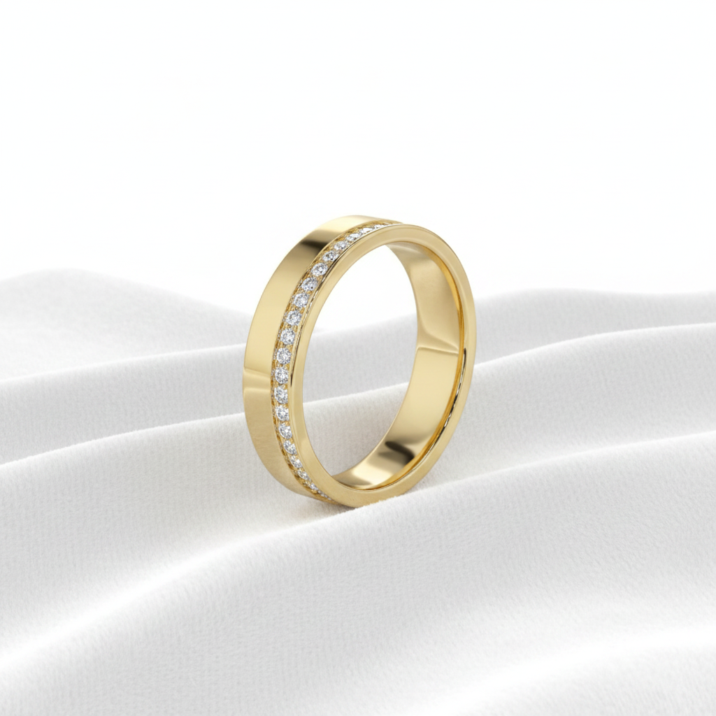 14K gold half eternity diamond wedding band for women on wavy white velvet, studio lighting