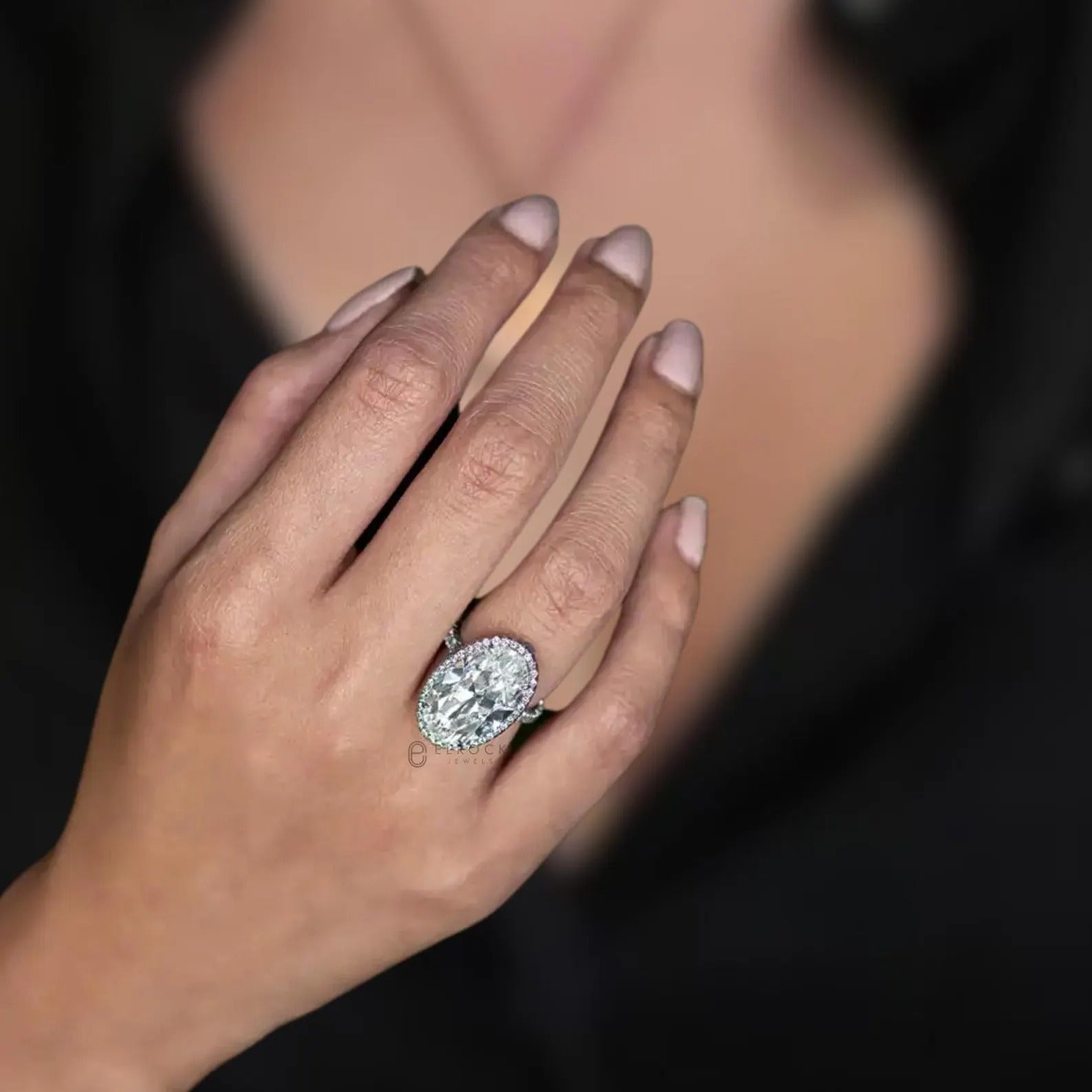 14K Gold Oval Halo Elongated Oval Diamond Set Engagement Ring