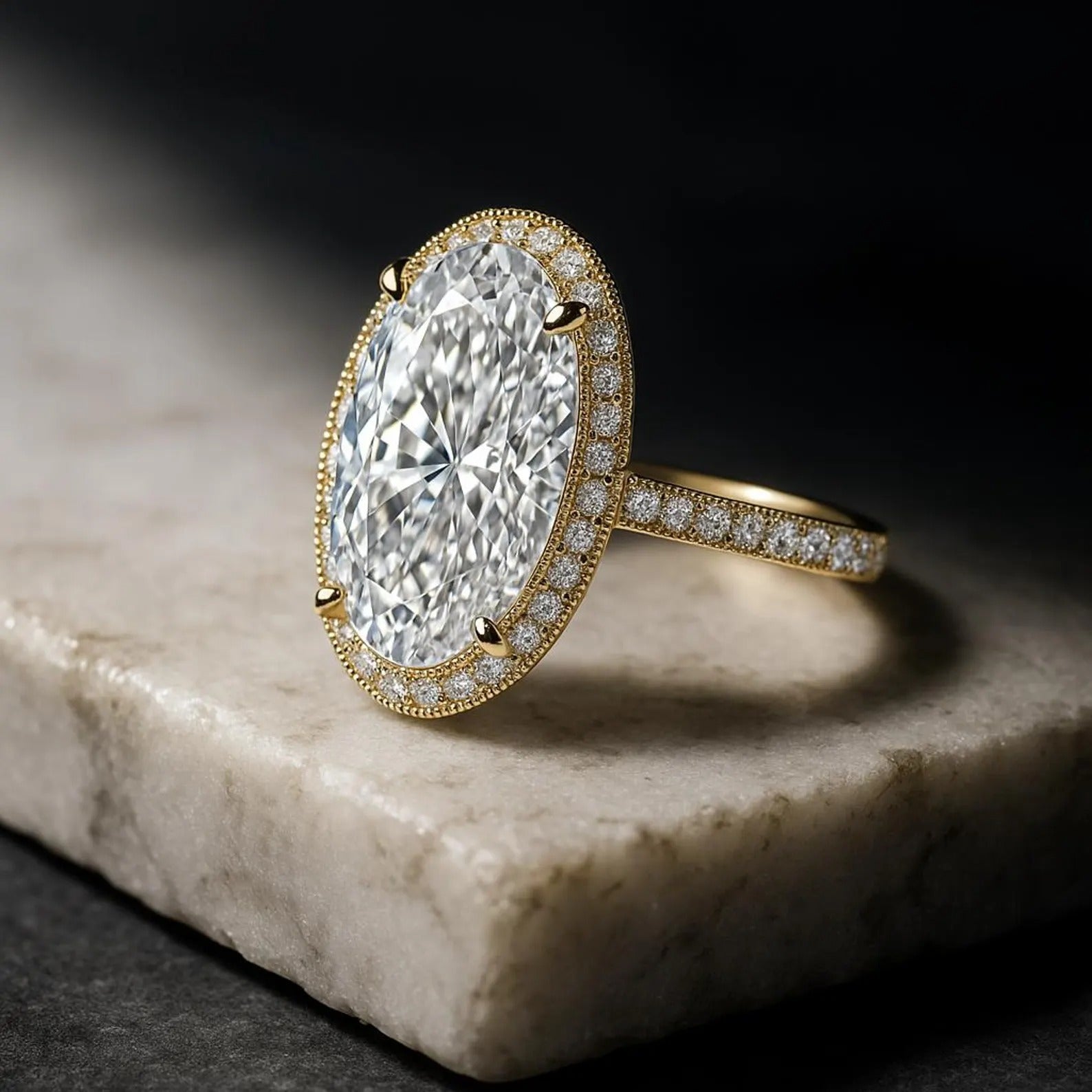 14K Gold Oval Halo Elongated Oval Diamond Set Engagement Ring