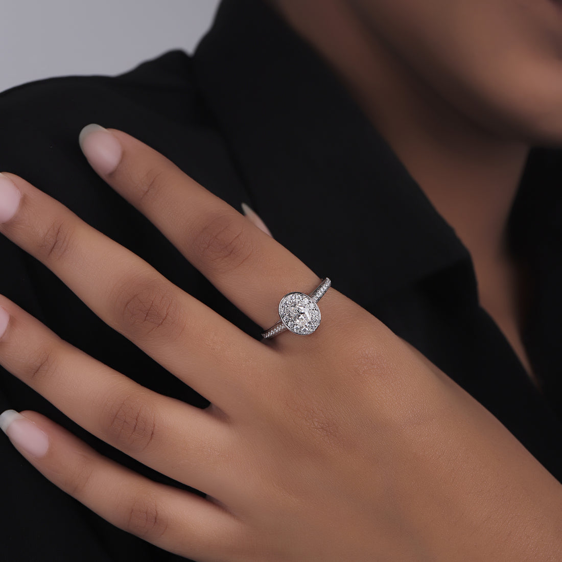 Halo Engagement Ring, 0.84 CT Oval Cut Lab Grown Diamond Ring