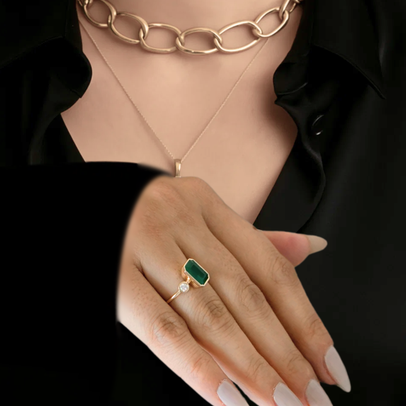 14K Gold Diamond Emerald Engagement Ring