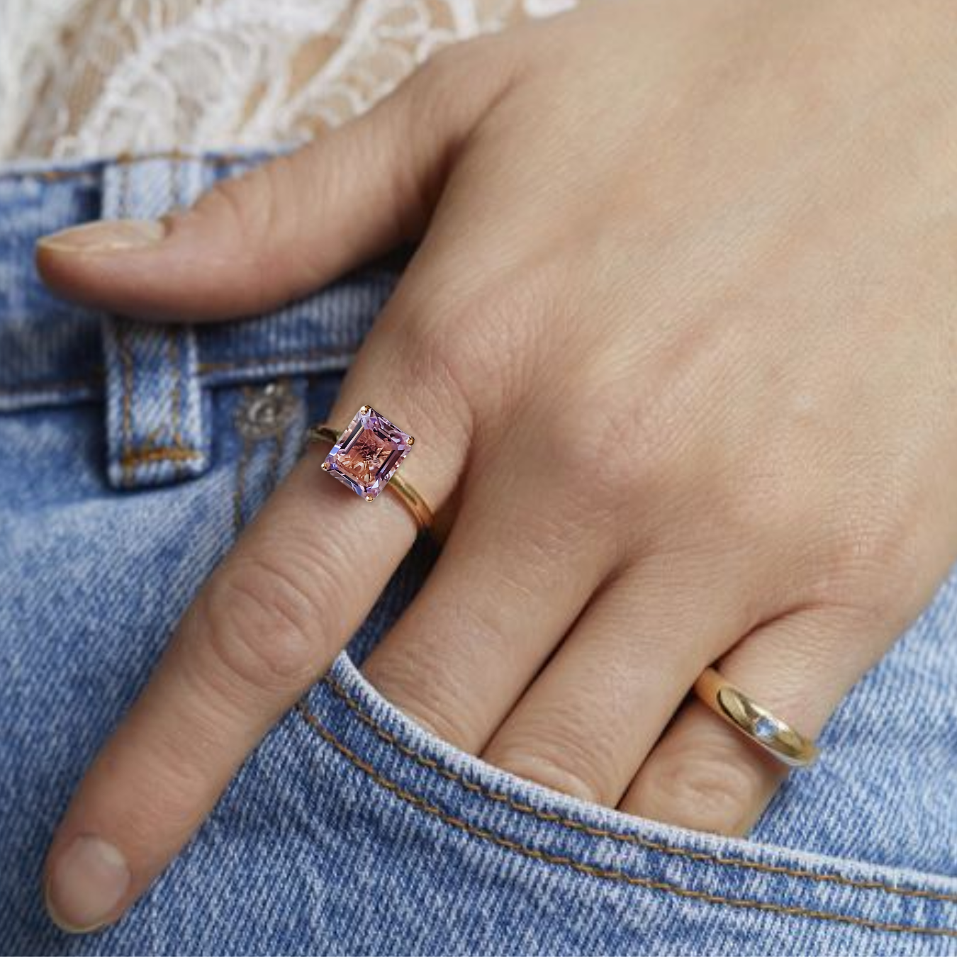 14K Rose De France 3 CT Rose De France Amethyst Emerald Cut Ring