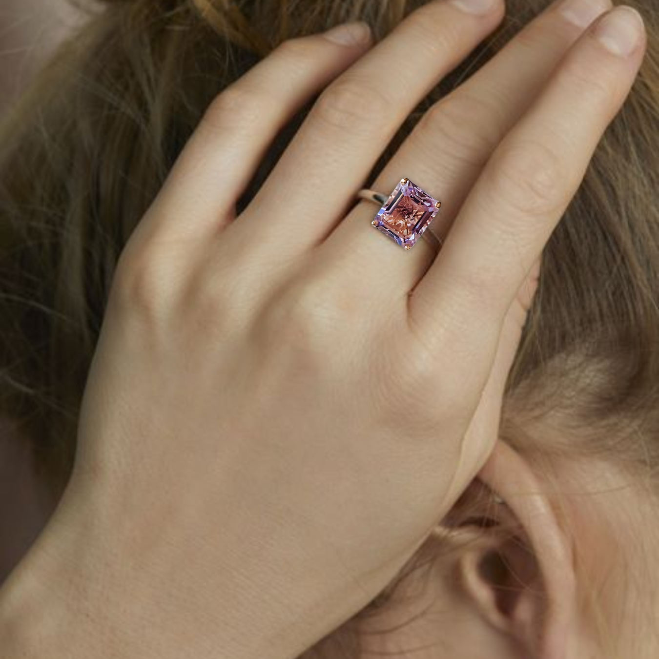14K Rose De France 3 CT Rose De France Amethyst Emerald Cut Ring