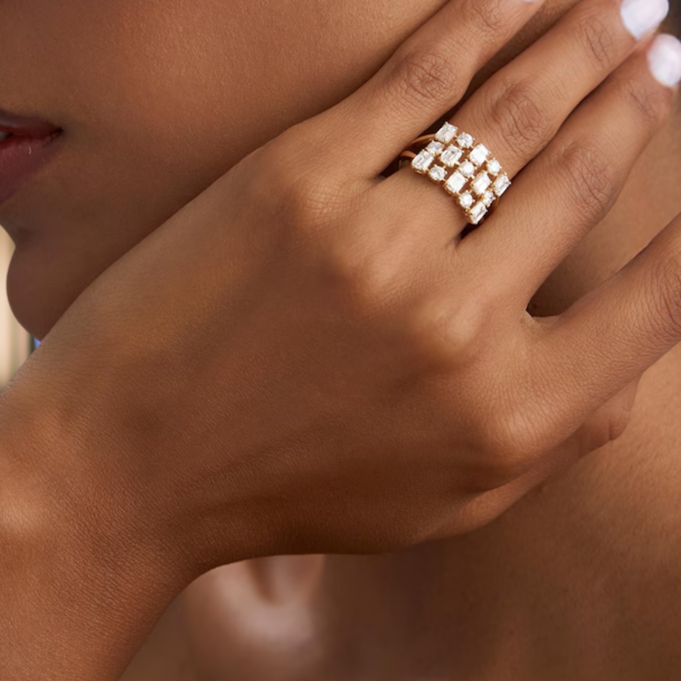 14K Gold 2.15 CT Unique Multi-Stone Three Row Fashion Cocktail Ring