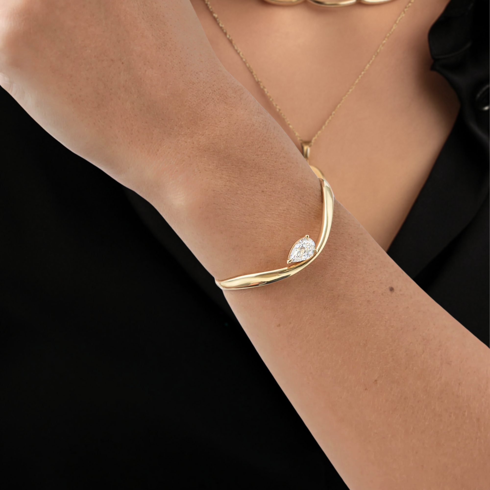 14K Gold Minimalist Bracelet, Pear Shape Solitaire Bangle