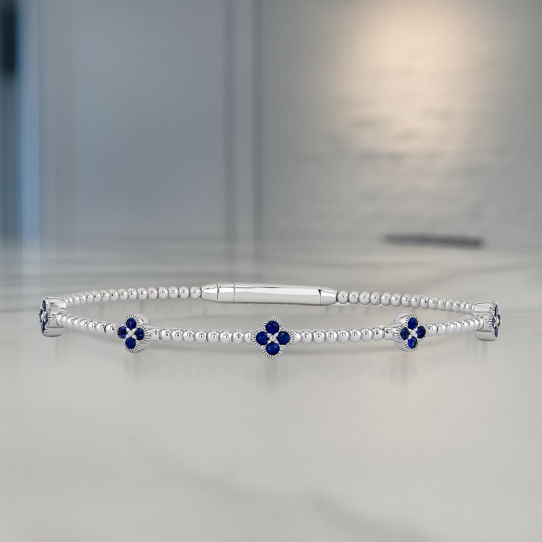 14K Diamond Bangle Bracelet, Clover Flower Cluster, Beaded Flex Band, Emerald, Ruby, Sapphire