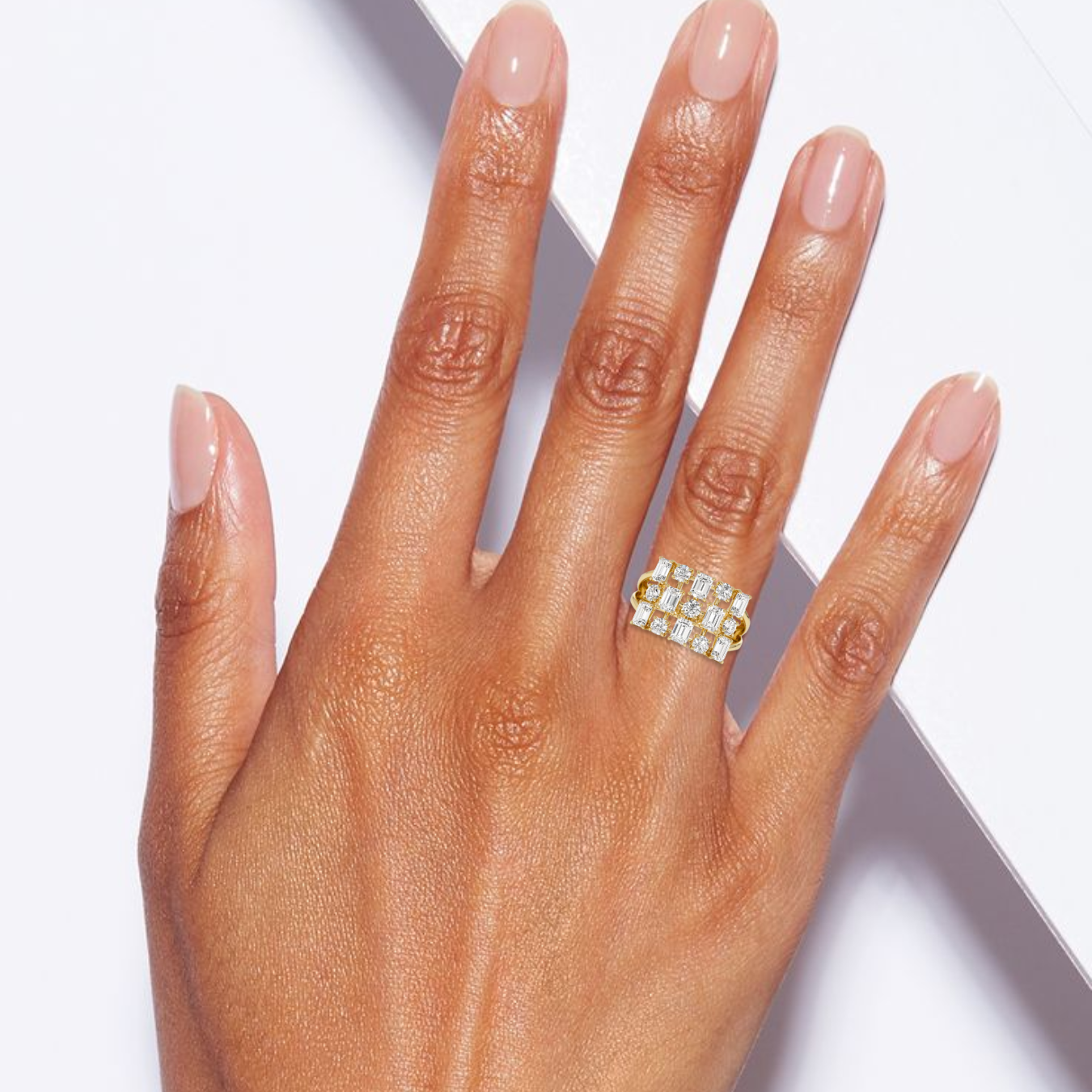 14K Gold 2.15 CT Unique Multi-Stone Three Row Fashion Cocktail Ring