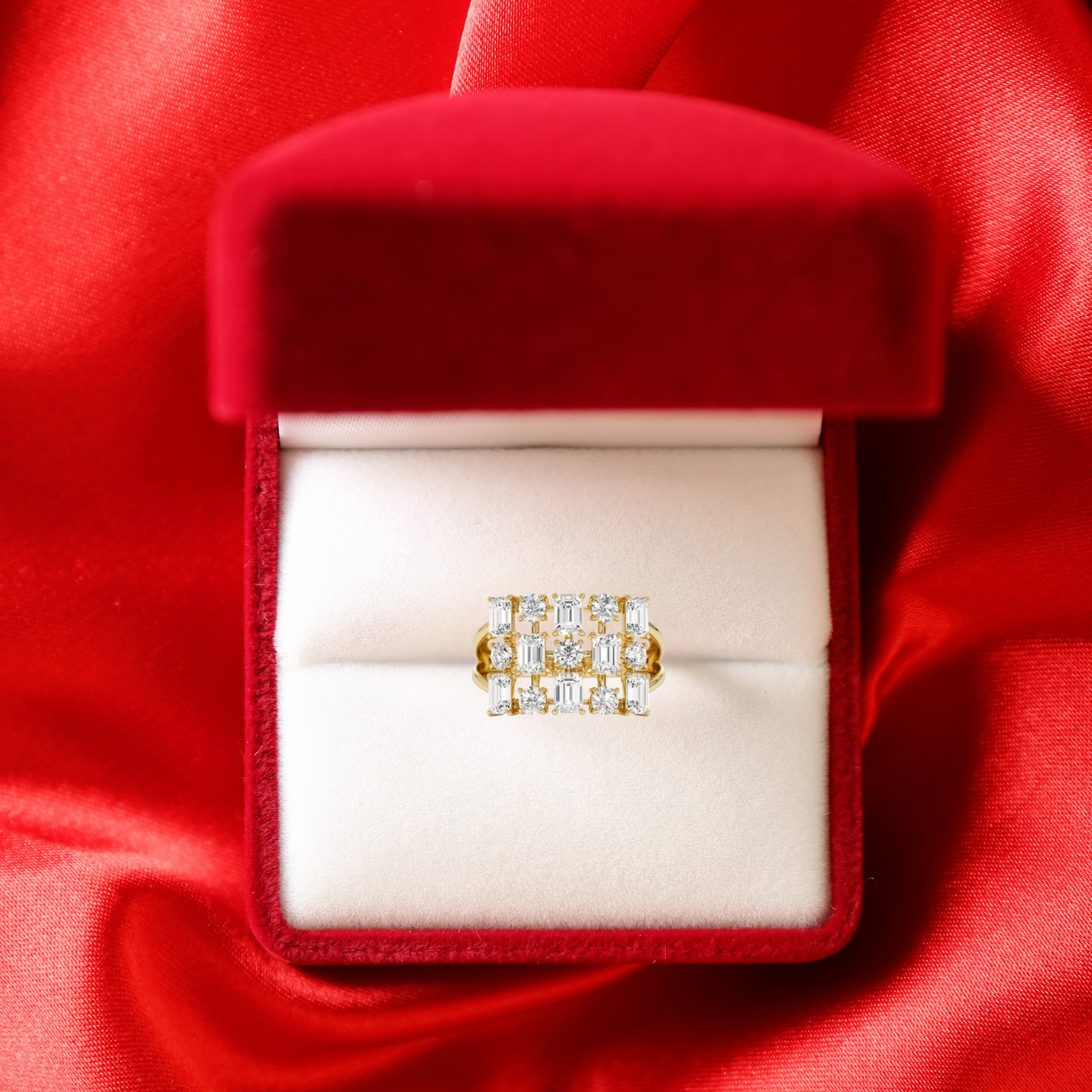 14K Gold 2.15 CT Unique Multi-Stone Three Row Fashion Cocktail Ring
