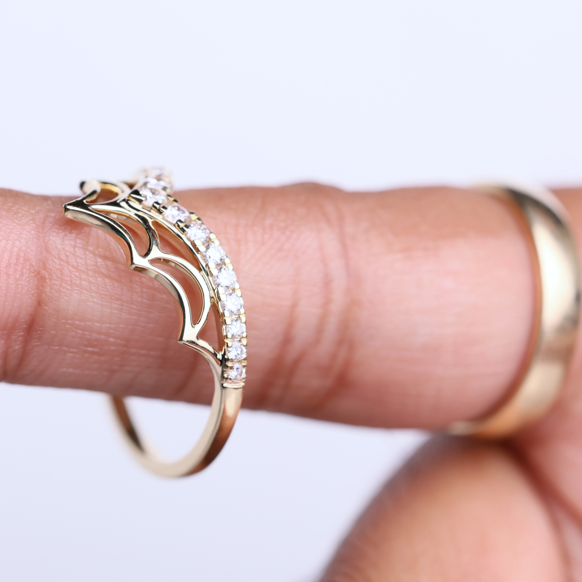 14K Gold Spider Web Stackable Ring with Lab Grown Diamond
