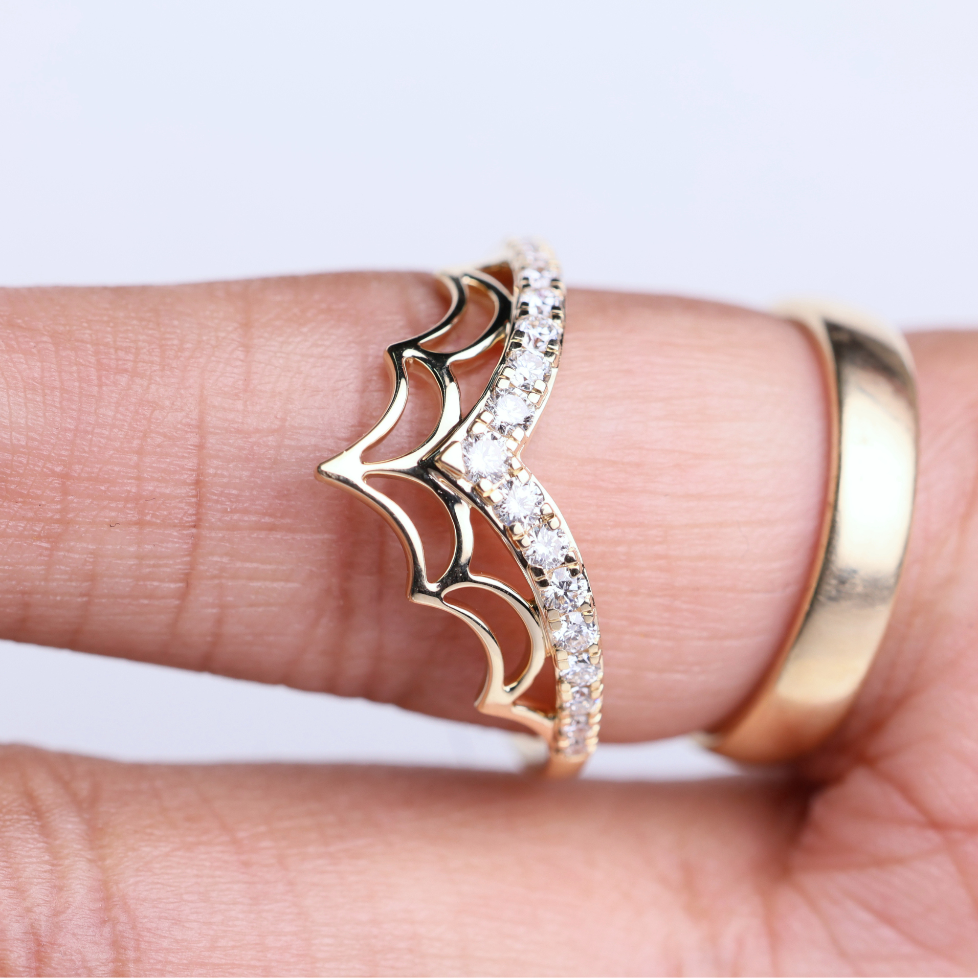14K Gold Spider Web Stackable Ring with Lab Grown Diamond