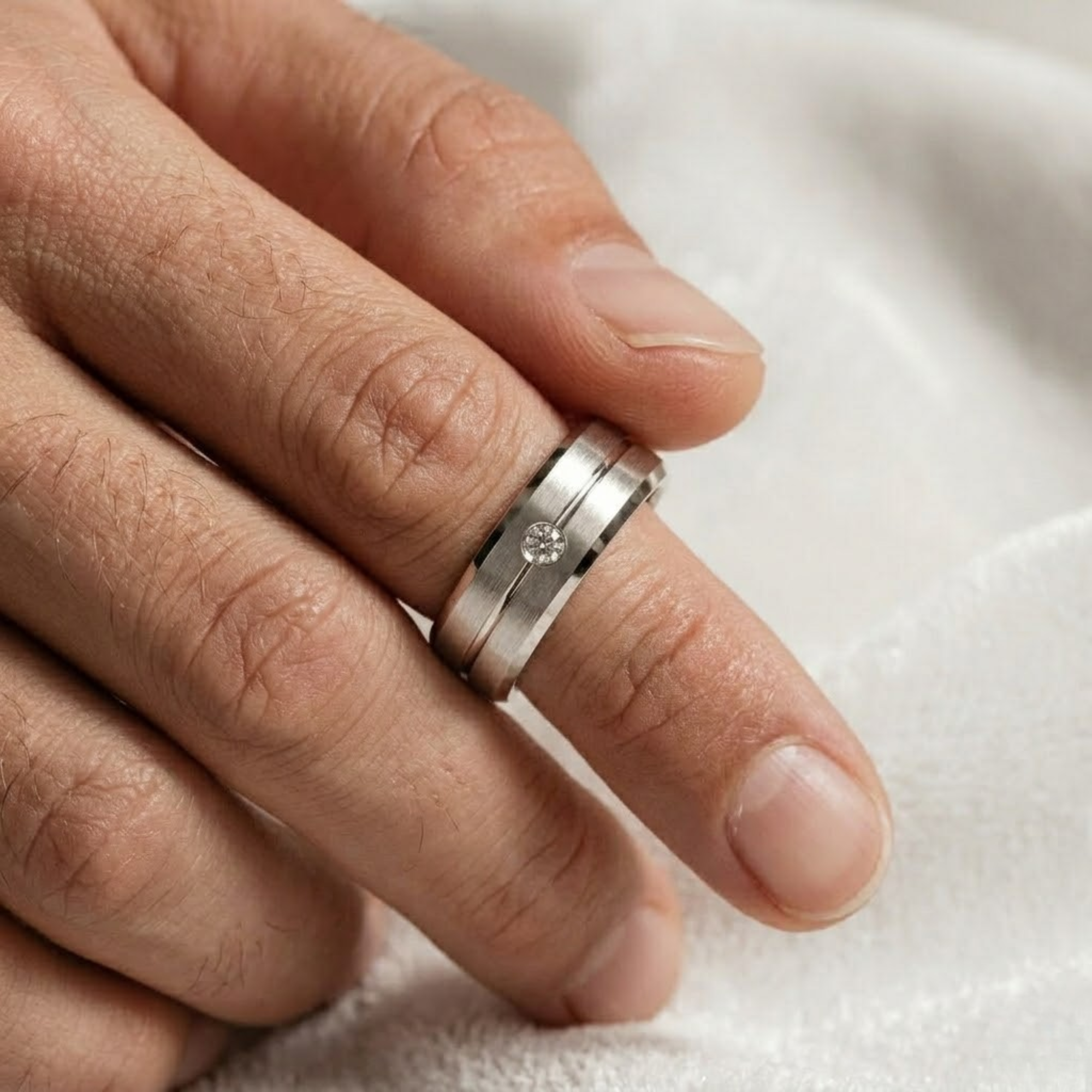 14K Flush Set Men's Diamond Wedding Band with Beveled Edges