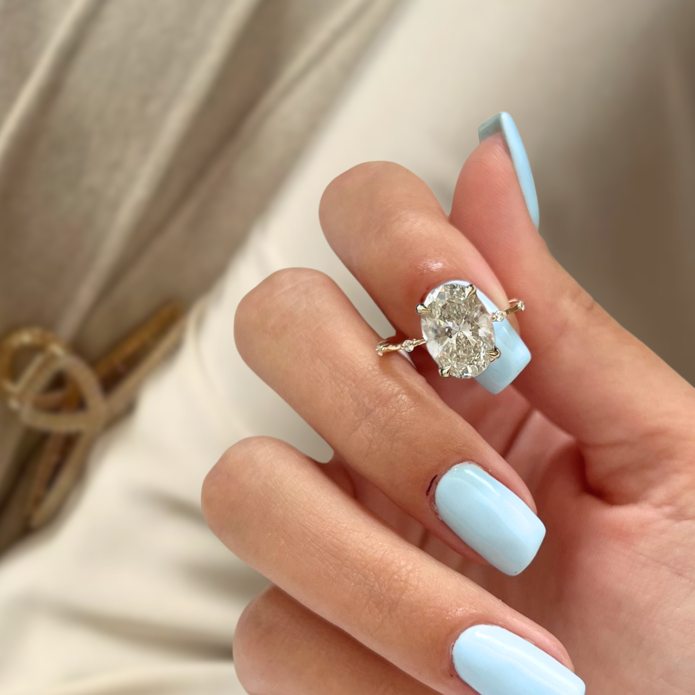 Oval Engagement Ring Lab Grown Diamond 14k Gold Minimalist Four Prong Setting