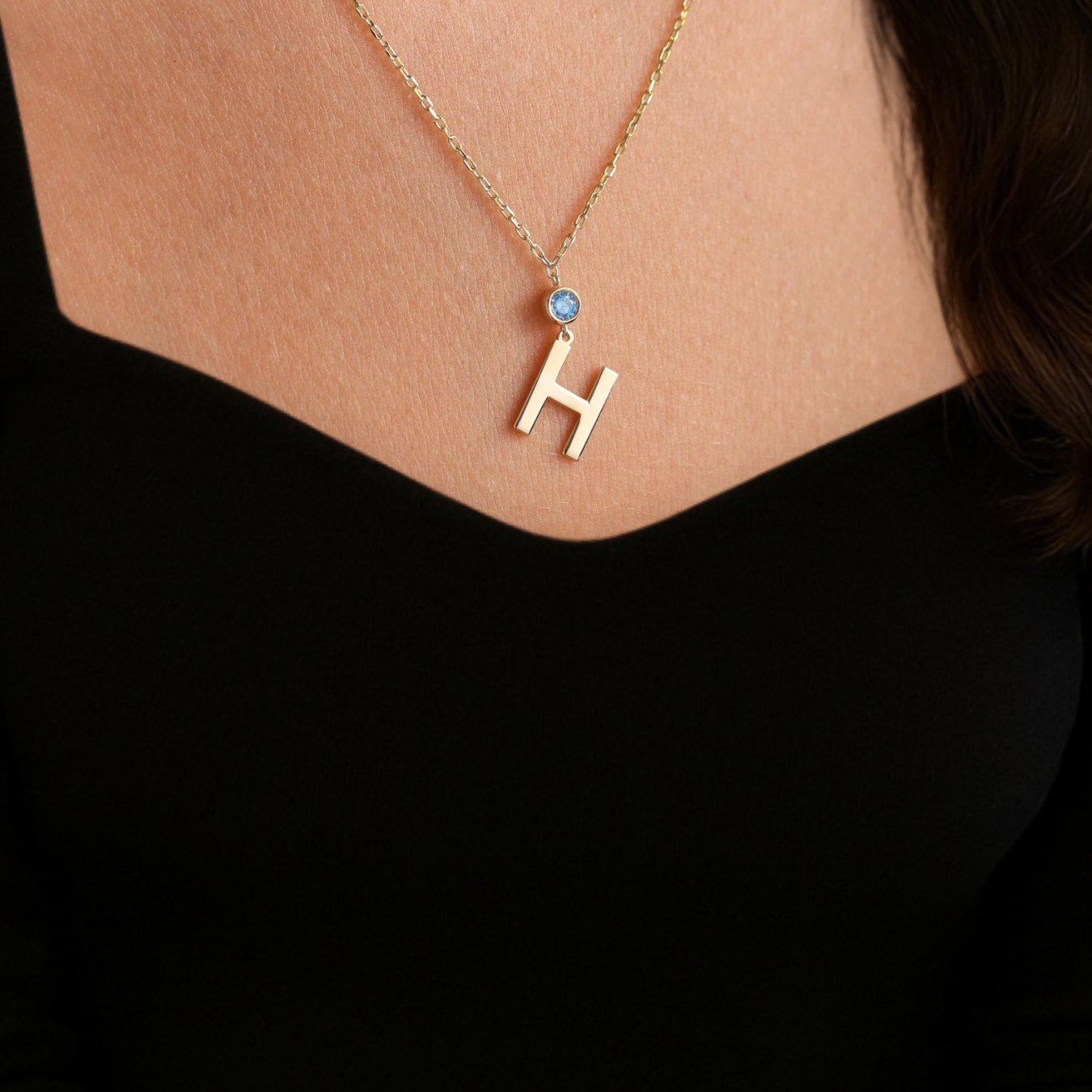 14K Solid Gold Initial Necklace with Birthstone, Custom Initial Necklace